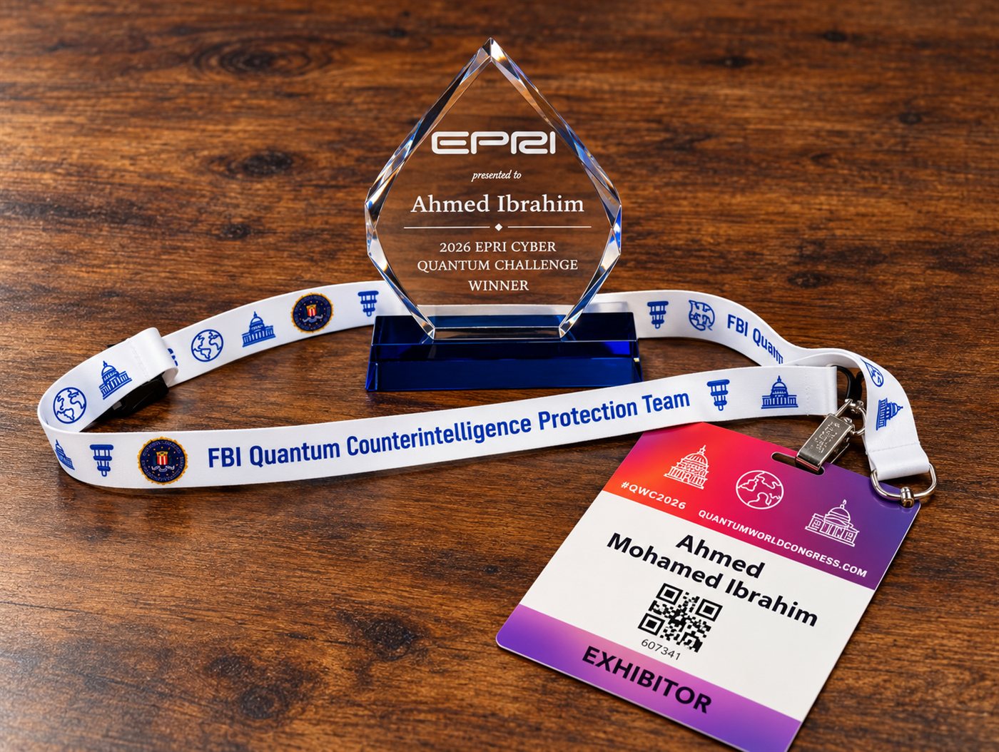 The EPRI Cyber Quantum Challenge crystal award presented to Ahmed Ibrahim, with the Quantum World Congress 2026 badge